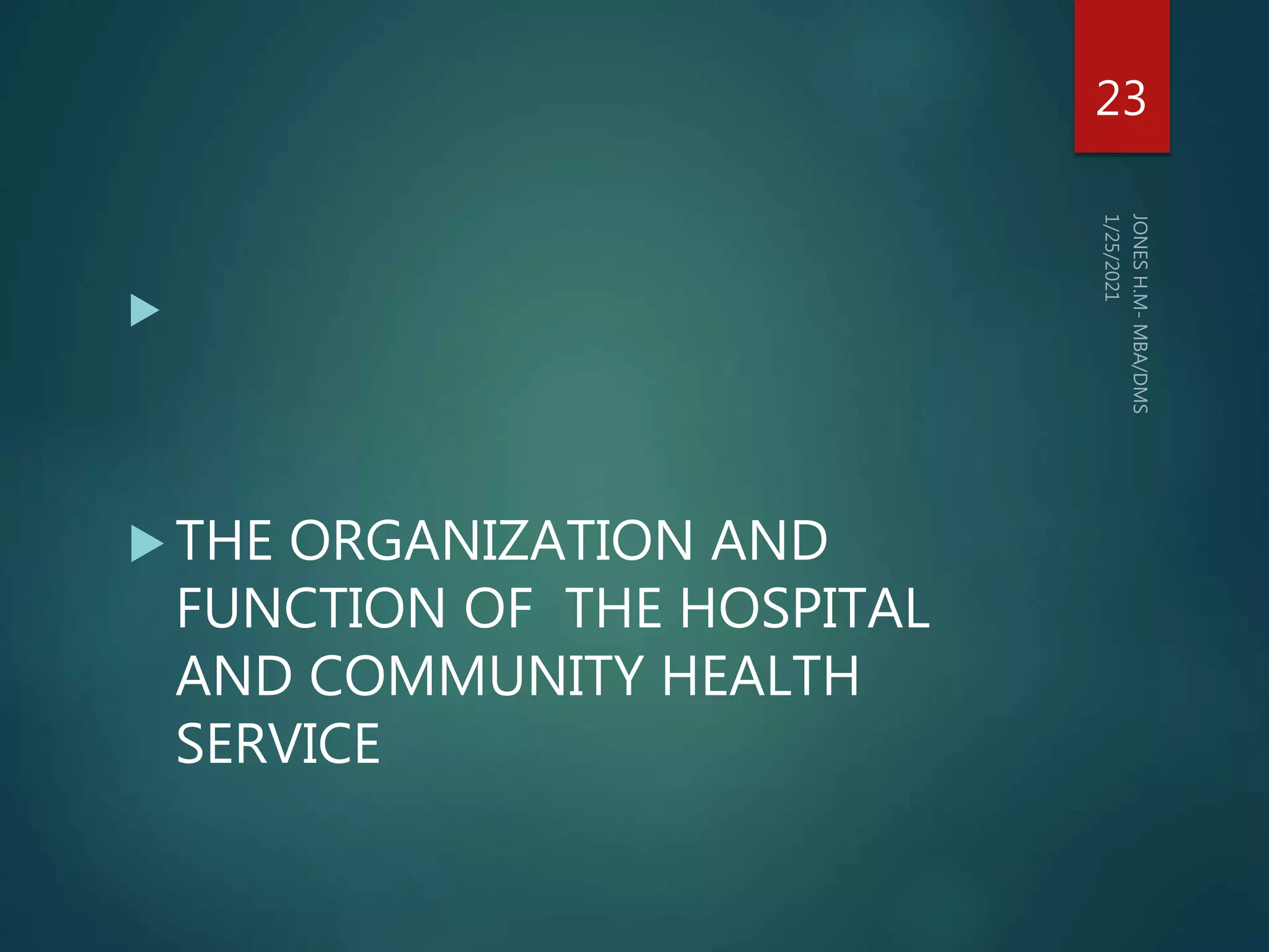
 THE ORGANIZATION AND
FUNCTION OF THE HOSPITAL
AND COMMUNITY HEALTH
SERVICE
23
 