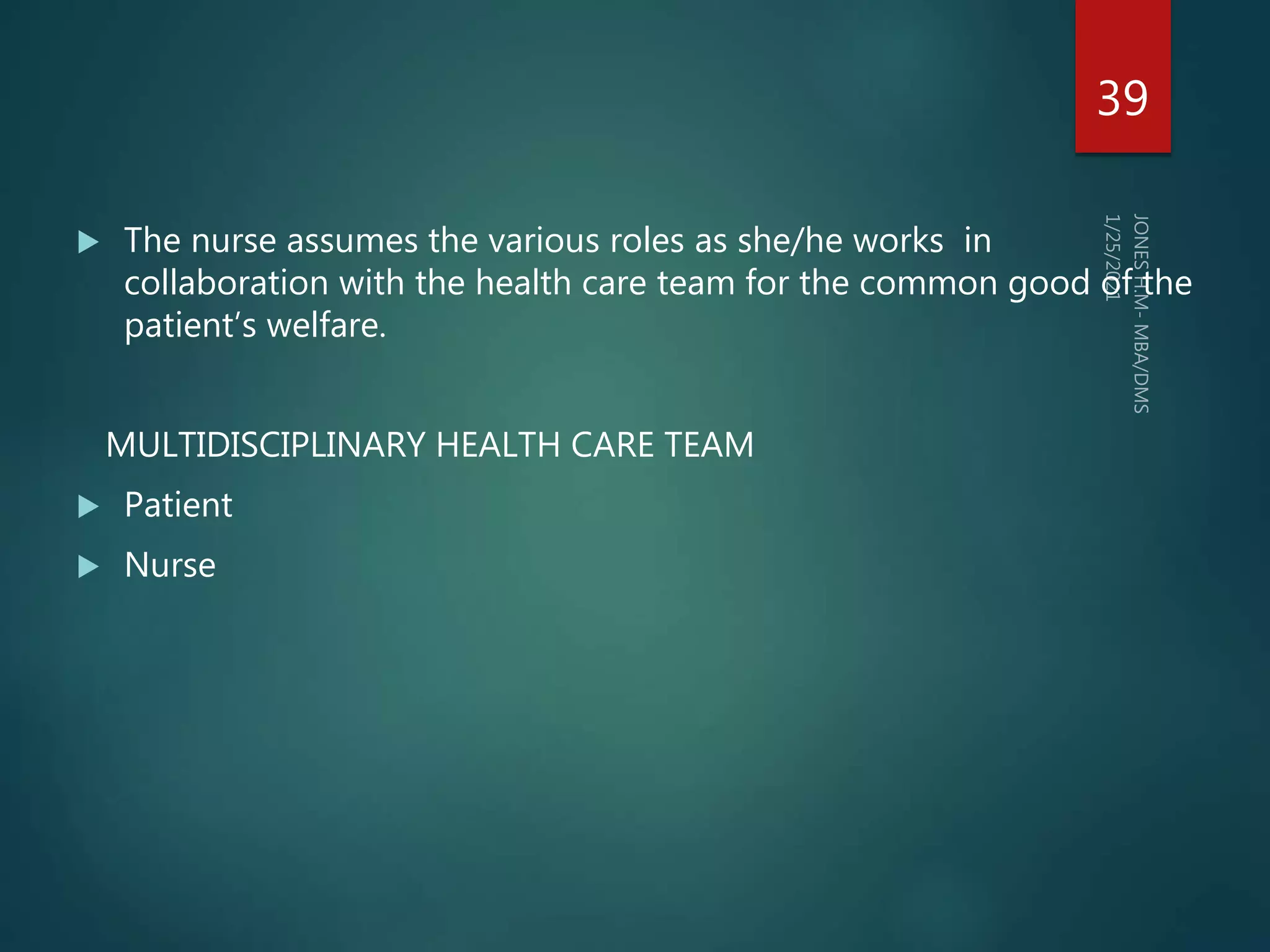  The nurse assumes the various roles as she/he works in
collaboration with the health care team for the common good of the
patient’s welfare.
MULTIDISCIPLINARY HEALTH CARE TEAM
 Patient
 Nurse
39
 