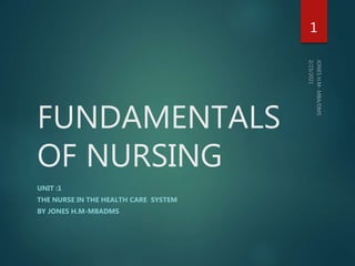 FUNDAMENTALS
OF NURSING
UNIT :1
THE NURSE IN THE HEALTH CARE SYSTEM
BY JONES H.M-MBADMS
1
 