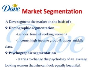 A Dove segment the market on the basis of :
 Demographic segmentation
         -Gender: female(working women)
         -Income: high income group & upper middle
class.
 Psychographic segmentation
         - It tries to change the psychology of an average
looking women that she can look equally beautiful.
 