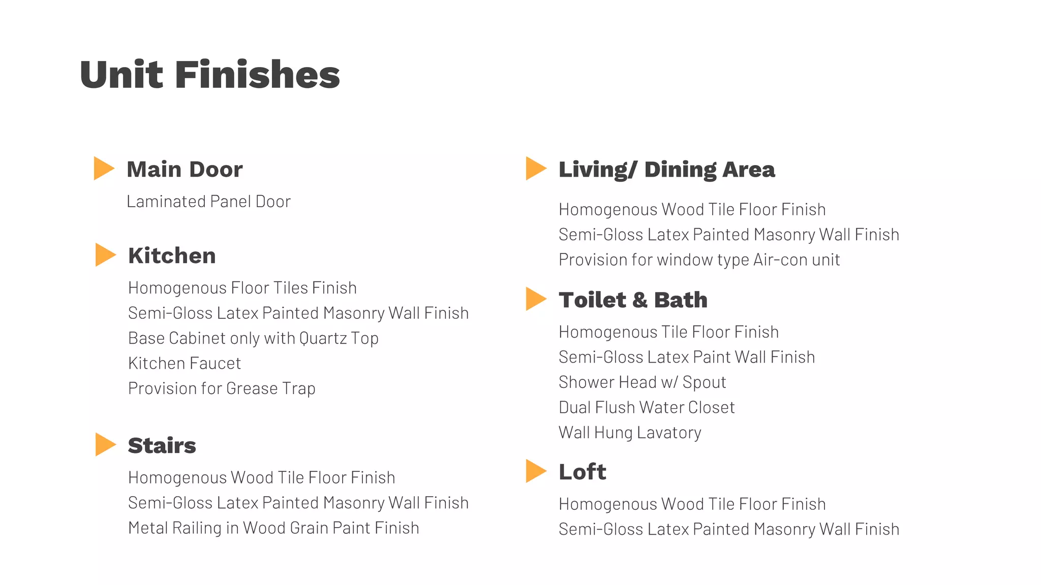 Unit Finishes
Living/ Dining Area
Stairs
Toilet & Bath
 