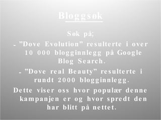 B loggsøk Søk på; ” Dove Evolution” resulterte i over 10 000 blogginnlegg på Google Blog Search.  ” Dove real Beauty” resulterte i rundt 2000 blogginnlegg.  Dette viser oss hvor populær denne kampanjen er og hvor spredt den har blitt på nettet.  