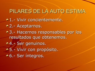 PILARES DE LA AUTO ESTIMA 1.- Vivir concientemente. 2.- Aceptarnos. 3.- Hacernos responsables por los resultados que obtenemos. 4.- Ser genuinos. 5.- Vivir con propósito. 6.- Ser íntegros. 