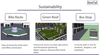SustainabilityBike RacksGreen RoofBus Stop2 minute walk or less for residents, shoppers, and employeesCommunal access to urban agriculture and therapeutic gardeningWater capture, reduced Heat Island EffectEase of access for retail users and office commuters 