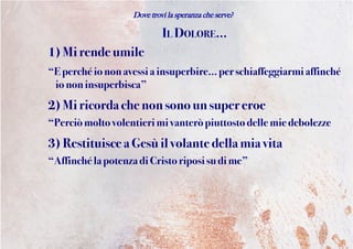 Dove trovi la speranza che serve?
IL DOLORE...
1) Mirendeumile
“Eperchéiononavessiainsuperbire... per schiaffeggiarmi affinché
io noninsuperbisca”
2) Miricordachenonsonounsuper eroe
“Perciòmoltovolentierimi vanteròpiuttosto dellemie debolezze
3) Restituiscea Gesùil volantedellamia vita
“AffinchélapotenzadiCristoriposi sudi me”
 