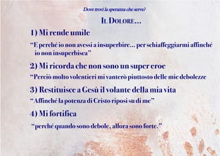 Dove trovi la speranza che serve?
IL DOLORE...
1) Mirendeumile
“Eperchéiononavessiainsuperbire... per schiaffeggiarmi affinché
io noninsuperbisca”
2) Miricordachenonsonounsuper eroe
“Perciòmoltovolentierimi vanteròpiuttosto dellemie debolezze
3) Restituiscea Gesùil volantedellamia vita
“AffinchélapotenzadiCristoriposi sudi me”
4) Mifortifica
“perchéquandosono debole,allora sono forte.”
 