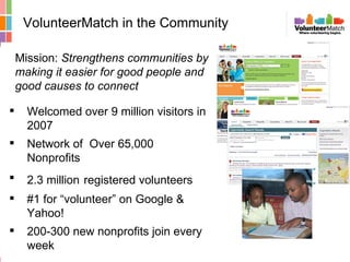 [object Object],[object Object],[object Object],[object Object],[object Object],Mission:  Strengthens communities by making it easier for good people and good causes to connect VolunteerMatch in the Community 