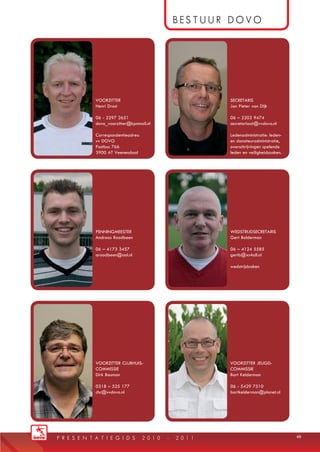 p r e s e n t a t i e g i d s 2 0 1 0 - 2 0 1 1
bestuur dOVO
49
VOORZITTER
Henri Drost
06 - 2297 2651
dovo_voorzitter@kpnmail.nl
Correspondentieadres:
vv DOVO
Postbus 766
3900 AT Veenendaal
PENNINGMEESTER
Andreas Roodbeen
06 – 4173 3457
aroodbeen@aol.nl
VOORZITTER CLUBHUIS-
COMMISSIE
Dirk Bouman
0318 – 525 177
chc@vvdovo.nl
SECRETARIS
Jan Pieter van Dijk
06 – 2202 9474
secretariaat@vvdovo.nl
Ledenadministratie: leden-
en donateuradministratie,
overschrijvingen spelende
leden en veiligheidszaken.
WEDSTRIJDSECRETARIS
Gert Bolderman
06 – 4124 5585
gertb@xs4all.nl
wedstrijdzaken
VOORZITTER JEUGD-
COMMISSIE
Bart Kelderman
06 - 5429 7510
bartkelderman@planet.nl
DOVO_PG_2010.indd 49 11-8-2010 15:35:01
 