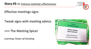 Story #3 All: Enhance meeting’s effectiveness
Effective meetings signs
Tweak signs with meeting advice.
>>> The Meeting Spicer
Learning: Power of iterating
 