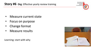 Story #6 Org: Effective yearly review training
• Measure current state
• Focus on purpose
• Change format
• Measure results
Learning: start with why
 