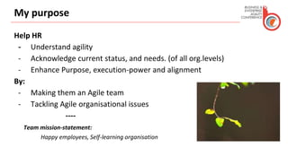 My purpose
Help HR
- Understand agility
- Acknowledge current status, and needs. (of all org.levels)
- Enhance Purpose, execution-power and alignment
By:
- Making them an Agile team
- Tackling Agile organisational issues
----
Team mission-statement:
Happy employees, Self-learning organisation
 