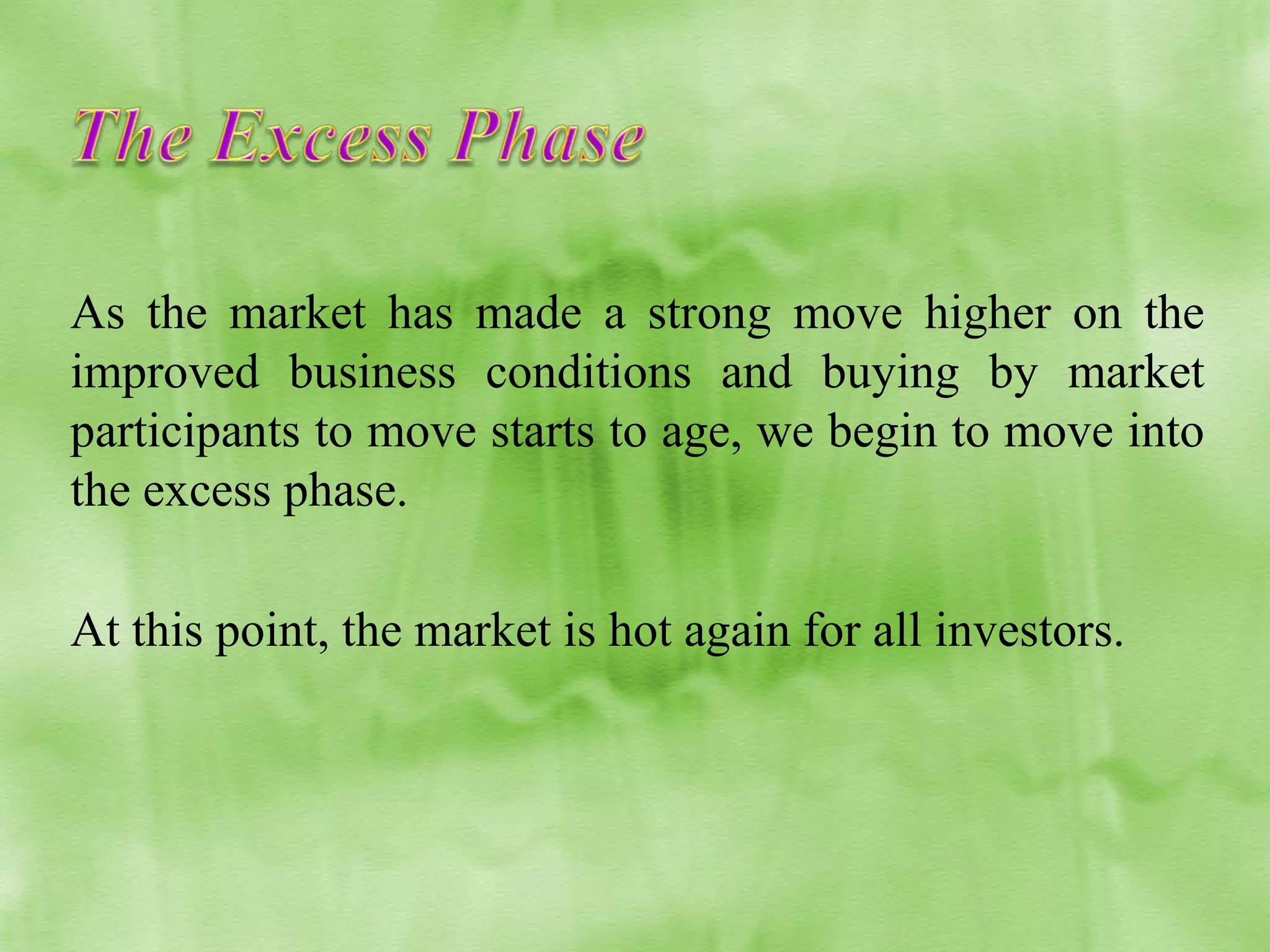 As the market has made a strong move higher on the
improved business conditions and buying by market
participants to move starts to age, we begin to move into
the excess phase.
At this point, the market is hot again for all investors.

 