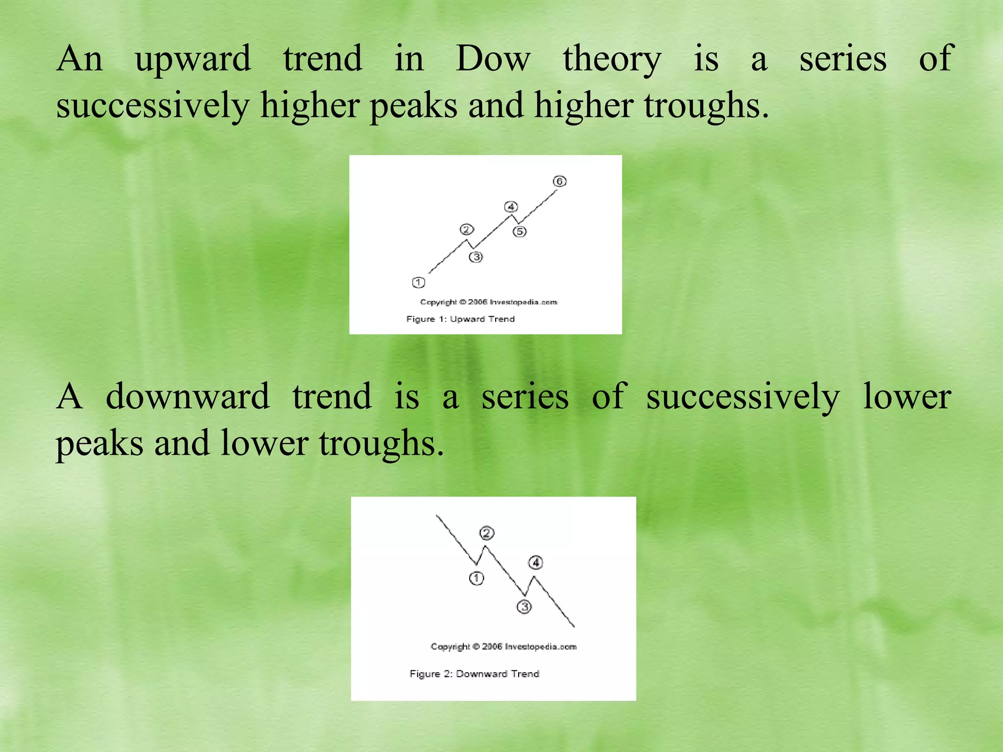 An upward trend in Dow theory is a series of
successively higher peaks and higher troughs.

A downward trend is a series of successively lower
peaks and lower troughs.

 