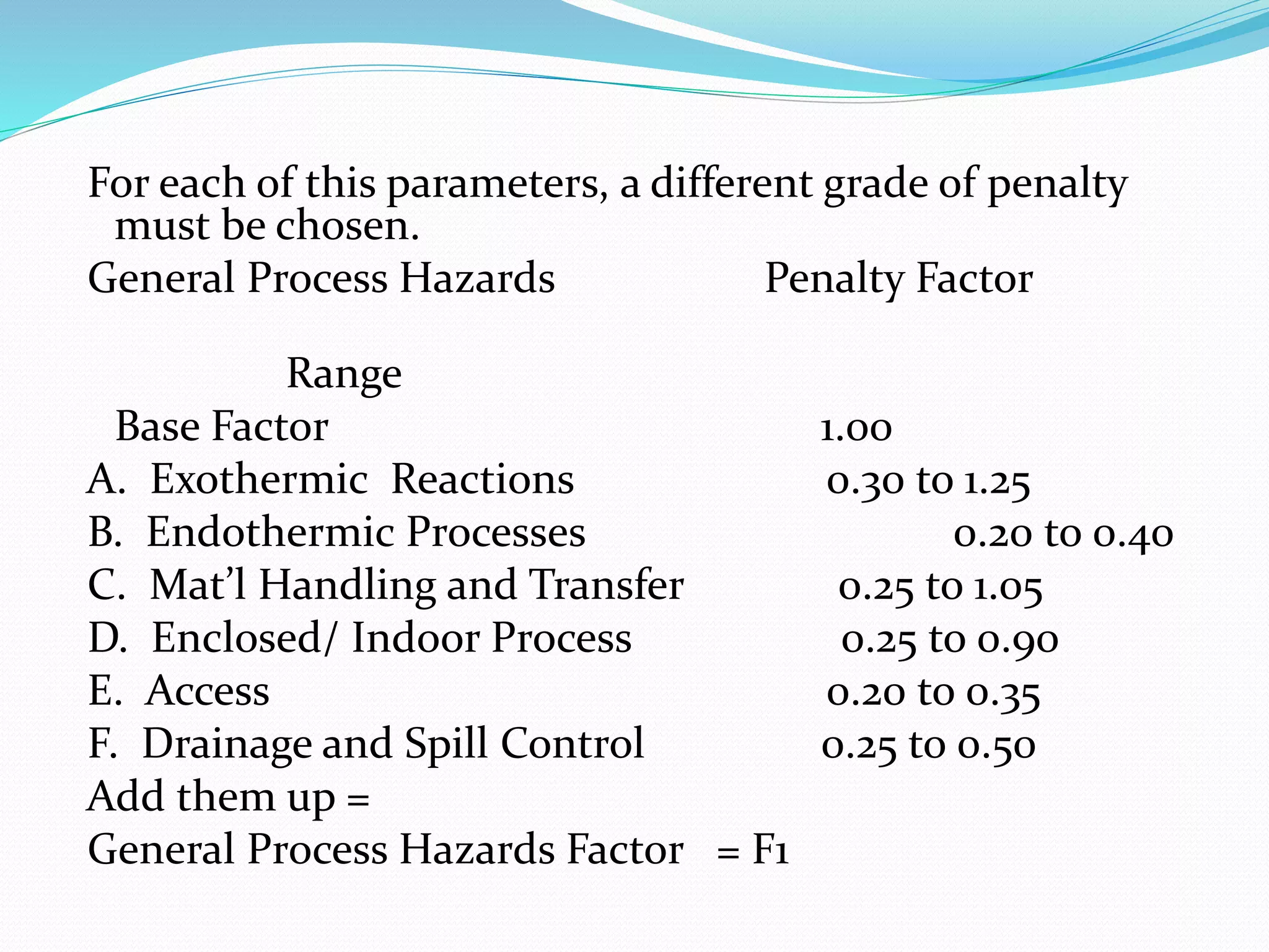 For each of this parameters, a different grade of penalty
must be chosen.
General Process Hazards Penalty Factor
Range
Base Factor 1.00
A. Exothermic Reactions 0.30 to 1.25
B. Endothermic Processes 0.20 to 0.40
C. Mat’l Handling and Transfer 0.25 to 1.05
D. Enclosed/ Indoor Process 0.25 to 0.90
E. Access 0.20 to 0.35
F. Drainage and Spill Control 0.25 to 0.50
Add them up =
General Process Hazards Factor = F1
 