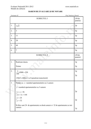 Evaluare Naţională 2011-2012                                            www.mateinfo.ro
Modele de subiecte
                          BAREM DE EVALUARE ŞI DE NOTARE

Varianta 42                                                             Prof: Burlacu Daniel
                                    SUBIECTUL I                                       (30 de
                                                                                      puncte)

1.      2 2                                                                           5p




                                                          ro
2.     3                                                                              5p

3.     11                                                                             5p




                                                       o.
4.     28                                                                             5p




                                         nf
5.     48                                                                             5p

6.     7                                                                              5p
                                ei
                                   SUBIECTUL II                                       (30 de
                                                                                      puncte)
                      at
1.     Realizare desen.                                                               3p
 .m

       Notare                                                                         2p

2.       5                                                                            3p
            5000 = 250
        100
                                                                                      2p
w



        2502 = 500lei ( va fi penalizat muncitorul)

3.     Notăm cu x − numărul apartamentelor cu 2 camere
w




        y − numărul apartamentelor cu 3 camere
w




        x + y =  56                                                                  2p
        
        2 x + 3 y =144
         x = 24
                                                                                     2p
         y = 32

       În bloc sunt 24 de apartamente cu două camere si 32 de apartamente cu trei
       camere.
                                                                                      1p




                                               104
 