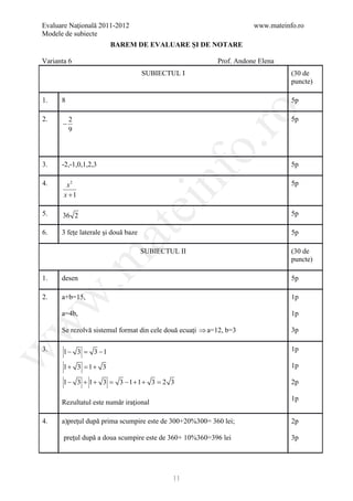 Evaluare Naţională 2011-2012                                         www.mateinfo.ro
Modele de subiecte
                        BAREM DE EVALUARE ŞI DE NOTARE

Varianta 6                                                Prof. Andone Elena
                                     SUBIECTUL I                                (30 de
                                                                                puncte)

1.    8                                                                         5p




                                                       ro
2.         2                                                                    5p
       −
           9




                                                    o.
3.    -2,-1,0,1,2,3                                                             5p

4.      x2
       x +1
                                         nf                                     5p
                               ei
5.    36 2                                                                      5p
                      at
6.    3 feţe laterale şi două baze                                              5p

                                     SUBIECTUL II                               (30 de
 .m

                                                                                puncte)

1.    desen                                                                     5p
w


2.    a+b=15,                                                                   1p

      a=4b,                                                                     1p
w




      Se rezolvă sistemul format din cele două ecuaţi ⇒ a=12, b=3               3p

3.     1− 3 = 3 −1                                                              1p
w




       1+ 3 = 3
            1+                                                                  1p

       1 − 3 + 1 + 3=      3 − 1 + 1 + 3= 2 3                                   2p

                                                                                1p
      Rezultatul este număr iraţional

4.    a)preţul după prima scumpire este de 300+20%300= 360 lei;                 2p

       preţul după a doua scumpire este de 360+ 10%360=396 lei                  3p




                                             11
 