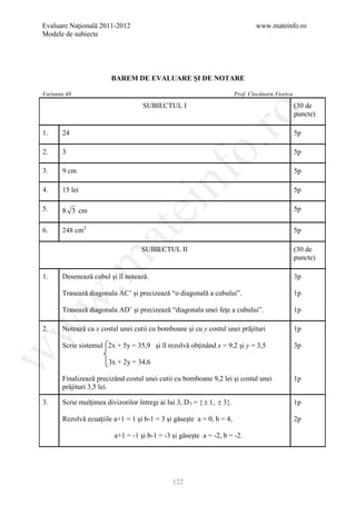 Evaluare Naţională 2011-2012                                                     www.mateinfo.ro
Modele de subiecte




                         BAREM DE EVALUARE ŞI DE NOTARE

Varianta 48                                                              Prof. Ciocănaru Viorica

                                    SUBIECTUL I                                                    (30 de




                                                         ro
                                                                                                   puncte)

1.     24                                                                                          5p




                                                      o.
2.     3                                                                                           5p

3.     9 cm                                                                                        5p

4.     15 lei

                                          nf                                                       5p

5.
                                ei                                                                 5p
       8 3 cm

6.     248 cm2                                                                                     5p
                      at
                                    SUBIECTUL II                                                   (30 de
                                                                                                   puncte)
 .m

1.     Desenează cubul şi îl notează.                                                              3p

       Trasează diagonala AC’ şi precizează “o diagonală a cubului”.                               1p
w



       Trasează diagonala AD’ şi precizează “diagonala unei feţe a cubului”.                       1p
w



2.     Notează cu x costul unei cutii cu bomboane şi cu y costul unei prăjituri                    1p

       Scrie sistemul 2x + 5y = 35,9 şi îl rezolvă obţinând x = 9,2 şi y = 3,5                     3p
w




                        3x + 2y = 34,6

       Finalizează precizând costul unei cutii cu bomboane 9,2 lei şi costul unei                  1p
       prăjituri 3,5 lei.

3.     Scrie mulţimea divizorilor întregi ai lui 3, D 3 = { ± 1, ± 3}.                             1p

       Rezolvă ecuaţiile a+1 = 1 şi b-1 = 3 şi găseşte a = 0, b = 4,                               2p

                          a+1 = -1 şi b-1 = -3 şi găseşte a = -2, b = -2.




                                               122
 