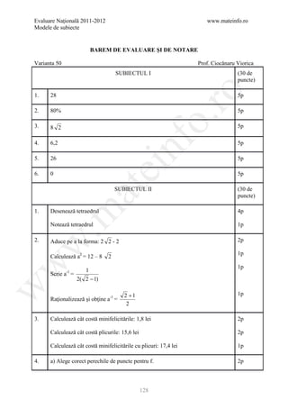Evaluare Naţională 2011-2012                                          www.mateinfo.ro
Modele de subiecte


                          BAREM DE EVALUARE ŞI DE NOTARE

Varianta 50                                                        Prof. Ciocǎnaru Viorica
                                    SUBIECTUL I                                    (30 de
                                                                                   puncte)




                                                          ro
1.    28                                                                           5p

2.    80%                                                                          5p




                                                       o.
3.    8 2                                                                          5p




                                         nf
4.    6,2                                                                          5p

5.    26                                                                           5p
                               ei
6.    0                                                                            5p
                     at
                                    SUBIECTUL II                                   (30 de
                                                                                   puncte)

      Deseneazǎ tetraedrul
 .m

1.                                                                                 4p

      Noteazǎ tetraedrul                                                           1p

2.    Aduce pe a la forma: 2 2 - 2                                                 2p
w



                                                                                   1p
      Calculeazǎ a2 = 12 – 8    2
w



                                                                                   1p
              -1      1
      Scrie a =
                   2( 2 − 1)
w




                                       2 +1                                        1p
      Raţionalizeazǎ şi obţine a-1 =
                                        2

3.    Calculeazǎ cât costǎ minifelicitǎrile: 1,8 lei                               2p

      Calculeazǎ cât costǎ plicurile: 15,6 lei                                     2p

      Calculeazǎ cât costǎ minifelicitǎrile cu plicuri: 17,4 lei                   1p

4.    a) Alege corect perechile de puncte pentru f.                                2p




                                                 128
 