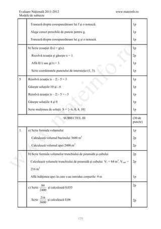 Evaluare Naţională 2011-2012                                             www.mateinfo.ro
Modele de subiecte

        Traseazǎ drepta corespunzǎtoare lui f şi o noteazǎ.                           1p

        Alege corect perechile de puncte pentru g.                                    1p

        Traseazǎ drepta corespunzǎtoare lui g şi o noteazǎ.                           1p

      b) Scrie ecuaţiei f(x) = g(x).                                                  1p




                                                         ro
        Rezolvǎ ecuaţia şi gǎseşte x = 1.                                             2p

        Aflǎ f(1) sau g(1) = 3.                                                       1p




                                                      o.
        Scrie coordonatele punctului de intersecţie (1, 3).                           1p

      Rezolvǎ ecuaţia |x – 2| - 5 = 3



                                           nf
5                                                                                     1p

      Gǎseşte soluţiile 10 şi - 6                                                     1p
                                 ei
      Rezolvǎ ecuaţia |x – 2| - 5 = - 3                                               1p

      Gǎseşte soluţiile 4 şi 0                                                        1p
                      at
      Scrie mulţimea de soluţii S = {- 6, 0, 4, 10}                                   1p
 .m

                                    SUBIECTUL III                                     (30 de
                                                                                      puncte)

1.    a) Scrie formula volumului                                                      1p
w



        Calculeazǎ volumul bazinului 3600 m3                                          2p

        Calculeazǎ volumul apei 2400 m3                                               2p
w




      b) Scrie formula volumelor trunchiului de piramidǎ şi cubului                   2p
w




        Calculeazǎ volumele trunchiului de piramidǎ şi cubului V t = 84 m3, V cub =   2p

        216 m3

        Aflǎ înǎlţimea apei în care s-au introdus corpurile: 9 m                      1p

                  84                                                                  2p
      c) Scrie        şi calculeazǎ 0,035
                 2400

                  216
        Scrie         şi calculeazǎ 0,06                                              2p
                 3600




                                             129
 