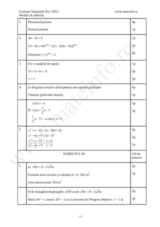 Evaluare Naţională 2011-2012                                           www.mateinfo.ro
Modele de subiecte

1.    Desenează prisma                                                            4p

      Notează prisma                                                              1p

2.    4a − 3b =
              6                                                                   1p

      (11 − 8a + 6b) 2012 = [11 − 2(4a − 3b)]2012                                 2p




                                                             ro
                                                                                  2p
      Finalizare (−1) 2012 =
                           1

3.    Fie x numărul de nepoţi                                                     1p




                                                          o.
      5x + 3 = 6 x − 4                                                            2p




                                            nf
      x=7                                                                         2p

4.    a) Alegerea corectă a două puncte care aparţin graficului                   4p
                                   ei
      Trasarea graficului funcţiei                                                1p

         f (a) = −a                                                               2p
                       at
                 1
      b) f (=
            a)     a −3                                                           3p
                 2
 .m

         1
           a − 3 = a, deci : a =
                   −            2
         2

5     x 2 + x − 12 = ( x − 3)( x + 4)                                             2p
w


      x 2 − 6 x + 9 = ( x − 3) 2                                                  2p
       x 2 + x − 12 x + 4
                   =
       x2 − 6 x + 9 x − 3                                                         1p
w




                                        SUBIECTUL III                             (30 de
                                                                                  puncte)
w




1.         = =
      a) DO R 2 5m                                                                2p

      Formula ariei cercului şi calculul ei, A= 20π m2                            3p

      Aria semicercului 10π m2

                                              = =
      b) În triunghiul dreptunghic AOD avem DO R 2 5m .                           2p

      Dacă AO = x, atunci AD = 2x şi cu teorema lui Pitagora obţinem x = 2 şi     2p




                                                    145
 
