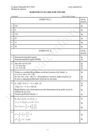 Evaluare Naţională 2011-2012                                               www.mateinfo.ro
Modele de subiecte
                            BAREM DE EVALUARE ŞI DE NOTARE

Varianta8                                                         Prof. Andrei Lenuţa
                                        SUBIECTUL I                                     (30 de
                                                                                        puncte)

1.   102                                                                                5p

2.   0                                                                                  5p




                                                       ro
3.   770                                                                                5p

4.   25                                                                                 5p




                                                    o.
5.   13                                                                                 5p




                                             nf
6.   30                                                                                 5p

                                        SUBIECTUL II                                    (30 de
                                                                                        puncte)
                                 ei
1.   Desenează tetraedrul regulat                                                       4p
     Notează tetraedrul regulat MNPQ                                                    1p
                      at
2.   10a-16b=a-b+9a-15b                                                                 2p
     =17+3(3a-5b)                                                                       2p
     =17+3·23=86                                                                        1p
 .m

3.   Notăm cu x numărul de probleme rezolvate în prima zi de Andrei ⇒                   2p
     x+x+5+x+10+x+15= 110
     4x+30=110 ⇒ 4x = 80 ⇒ x = 20 (probleme a rezolvat Andrei în prima zi)              2p
     In nicio zi numarul problemelor rezolvate nu este prim.                            1p
w



4.   a) f ( 0 ) = ⋅ 0 − 3 =−3 ⇒ A ( 0, −3)
                 3                                                                      1p
                                                                                        1p
      f (1) = 3 ⋅1 − 3 = 0 ⇒ B (1, 0 )
w




     Reprezentarea celor două puncte sau alte două puncte de pe grafic corect în        2p
     sistemul de axe xOy
     Trasarea graficului funcţiei f                                                     1p
w




     b) A ( x, y ) ∈ G f ⇔ f ( x ) =
                                   y                                                    1p
     x = y ⇒ f ( x ) = y ⇒ 3x − 3 = x                                                   2p
                 3   3 3
     2x = 3 ⇒ x = ⇒ A ,                                                               2p
                 2   2 2

5          1       1
                        2

     x + 2 = x +  − 2
         2
                                                                                        3p
          x        x
           1
     x 2 + 2 =7 2 − 2 =47                                                               2p
          x



                                               15
 