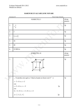 Evaluare Naţională 2011-2012                                             www.mateinfo.ro
Modele de subiecte


                               BAREM DE EVALUARE ŞI DE NOTARE

Varianta 63                                                        Prof. Conţu Valentin

                                      SUBIECTUL I                                         (30 de
                                                                                          puncte)




                                                       ro
1.          3                                                                             5p
        +
            5




                                                    o.
2.     2                                                                                  5p

3.     [− 1; 3 ]                                                                          5p


4.     26


                                         nf                                               5p

5.     48
                                   ei                                                     5p

6.     22 000 lei                                                                         5p
                       at
                                     SUBIECTUL II                                         (30 de
                                                                                          puncte)
 .m

1.                                                                                        5p
w
w
w




2.      „ Un produs este egal cu 0 dacă cel puţin un factor este 0 ” ⇒                    5p

       x−3 = 0 ⇒ x = 3
       sau
       x + 5 = 0 ⇒ x = −5                                                    3p
       sau
       3x − 6 = 0 ⇒ x − 2 = 0 ⇒ x = 2

        A = { − 5, 2 , 3   }                                                 2p




                                             164
 