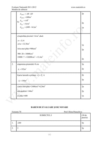 Evaluare Naţională 2011-2012                                  www.mateinfo.ro
Modele de subiecte

           AABCD AB ⋅ AD
              =                                                           2p
           AABCD = 600m 2
           Acerc = π R 2
      b)
           Acerc = 4π m 2                                                 2p

           Agazon (600 − 4π )m 2
            =                                                             1p




                                                     ro
      c)suprafaţa piscinei= 4π m 2 ,dacă

      π = 3,14




                                                  o.
      aria = 12,56m 2
                                                                          1p
      Aria unei plăci=900cm2



                                           nf
                                                                          2p

      900 ⋅ 20 = cm 2
               18000
      18000 ⋅ 7 126000cm 2 12, 6m 2
      =            =
                                ei
                                                                          2p

2.    a)apotema piramidei=8 cm                                            3p
                           at
       Al = 192m 2                                                        2p
 .m

      b)aria laterală a prismei Al Pb ⋅ h
                                 =                                        2p

                                                                          3p
       Al = 144m 2
w



      c)aria unei plăci=2400cm2=0,24m2                                    2p

      aria podelei=144m2
w



                                                                          2p

      nr plăci=600                                                        1p
w




                            BAREM DE EVALUARE ŞI DE NOTARE

Varianta 70                                           Prof. Dima Paraschiva
                                   SUBIECTUL I                            (30 de
                                                                          puncte)

1.    -240                                                                5p

2.    5                                                                   5p


                                            182
 