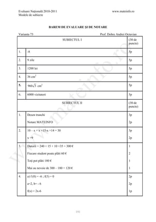 Evaluare Naţională 2010-2011                               www.mateinfo.ro
Modele de subiecte


                         BAREM DE EVALUARE ŞI DE NOTARE

Varianta 73                                        Prof. Dobre Andrei Octavian
                                  SUBIECTUL I                           (30 de
                                                                        puncte)




                                                     ro
1.    -8                                                                5p

2.    9 zile                                                            5p




                                                  o.
3.    1200 lei                                                          5p




                                         nf
4.    36 cm2                                                            5p

5.    960 3 cm2                                                         5p
                                 ei
6.    6000 vizitatori                                                   5p
                      at
                                  SUBIECTUL II                          (30 de
                                                                        puncte)
 .m

1.    Desen trunchi                                                     3p

      Notare MATEINFO                                                   2p

2.    10 – x + x +15-x +14 = 30                                         3p
w



      x =9                                                              2p
w




3.    Datorii = 240 + 15 + 10 +35 = 300 €                               1

      Fiecare student poate plăti 60 €                                  2
w




      Toţi pot plăti 180 €                                              1

      Mai au nevoie de 300 – 180 = 120 €                                1

4.    a) f (0) = -6 ; f(3) = 0                                          2p

      a=2, b= - 6                                                       2p

      f(x) = 2x-6                                                       1p




                                            191
 