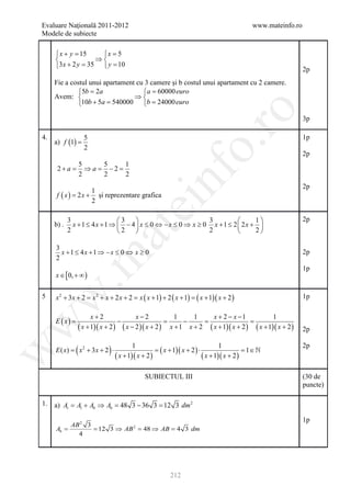 Evaluare Naţională 2011-2012                                                              www.mateinfo.ro
 Modele de subiecte

      = 15 = 5
      x + y        x
                  ⇒
      3 x + 2 y 35 = 10
           =        y                                                                                       2p
Fie a costul unui apartament cu 3 camere și b costul unui apartament cu 2 camere.
= 2= 60000 euro
         5b    a              a
Avem:                      ⇒
         10b + 5a 540000 b 24000 euro
         =               =




                                                                    ro
                                                                                                             3p

 4.                  5                                                                                       1p
      a) f (1) =




                                                                 o.
                     2
                                                                                                             2p
                    5      5    1
       2+a =          ⇒ a = −2=




                                                   nf
                    2      2    2
                                                                                                             2p
                    1
       f ( x ) 2 x + și reprezentare grafica
           =
                    2
                                       ei
             3                3                           3              1                               2p
      b) .     x +1 ≤ 4x +1 ⇒  − 4  x ≤ 0 ⇔ −x ≤ 0 ⇒ x ≥ 0 x +1 ≤ 2  2x + 
                           at
             2                2                           2              2

       3
         x +1 ≤ 4x +1 ⇒ −x ≤ 0 ⇔ x ≥ 0                                                                       2p
 .m

       2
                                                                                                             1p
       x ∈ [ 0, + ∞ )


       x 2 + 3 x + 2 = x 2 + x + 2 x + 2 = x ( x + 1) + 2 ( x + 1) =   ( x + 1)( x + 2 )
w


 5                                                                                                           1p

                        x+2               x−2            1     1     x + 2 − x −1            1
       E ( x) =                    −                  =     −     =                 =
w




                  ( x + 1)( x + 2 ) ( x − 2 )( x + 2 ) x + 1 x + 2 ( x + 1)( x + 2 ) ( x + 1)( x + 2 )       2p


                (             ) ( x + 1)( x + 2 ) = x + 1)( x + 2 ) ⋅ ( x + 1)( x + 2 ) = ∈ 
       E ( x) = x 2 + 3 x + 2 ⋅
                                        1
                                                   (
                                                                              1                              2p
w




                                                                                         1


                                              SUBIECTUL III                                                  (30 de
                                                                                                             puncte)

 1.   a) At = Al + Ab ⇒ Ab = 48 3 − 36 3 = 12 3 dm 2

                                                                                                             1p
            AB 2 3
       Ab =        =12 3 ⇒ AB 2 =48 ⇒ AB =4 3 dm
              4




                                                          212
 