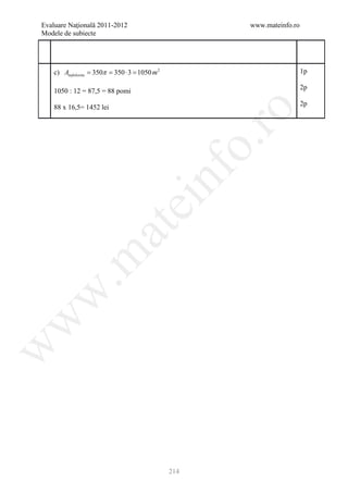Evaluare Naţională 2011-2012                         www.mateinfo.ro
Modele de subiecte




    c) Anefolosita= 350π= 350 ⋅ 3 1050 m 2
                                =                                      1p

                                                                       2p
    1050 : 12 = 87,5 = 88 pomi
                                                                       2p
    88 x 16,5= 1452 lei




                                                      ro
                                                   o.
                                        nf
                               ei
                    at
 .m
w
w
w




                                             214
 