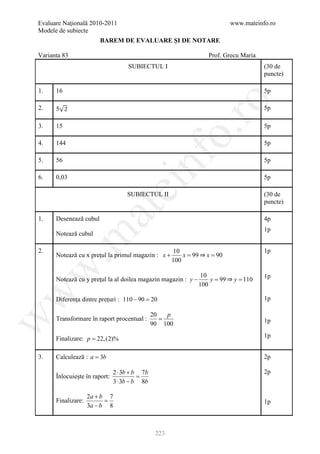 Evaluare Naţională 2010-2011                                            www.mateinfo.ro
Modele de subiecte
                        BAREM DE EVALUARE ŞI DE NOTARE

Varianta 83                                                      Prof. Grecu Maria
                                    SUBIECTUL I                                      (30 de
                                                                                     puncte)

1.    16                                                                             5p




                                                         ro
2.    5                                                                              5p

3.    15                                                                             5p




                                                      o.
4.    144                                                                            5p




                                         nf
5.    56                                                                             5p

6.    0,03                                                                           5p
                                ei
                                    SUBIECTUL II                                     (30 de
                                                                                     puncte)
                     at
1.    Desenează cubul                                                                4p
                                                                                     1p
      Notează cubul
 .m


                                                            99 ⇒
2.                                                    10                             1p
      Notează cu x preţul la primul magazin : x +         x =x = 90
                                                      100

                                                                     99 ⇒
w



                                                                10                   1p
      Notează cu y preţul la al doilea magazin magazin : y −       y =y = 110
                                                               100
w




      Diferenţa dintre preţuri : 110 − 90 =
                                          20                                         1p

                                               20   p
                                                  =
w




      Transformare în raport procentual :                                            1p
                                               90 100

      Finalizare: p = 22, (2)%                                                       1p


3.    Calculează : a = 3b                                                            2p

                               2 ⋅ 3b + b 7b                                         2p
      Înlocuieşte în raport:             =
                               3 ⋅ 3b − b 8b

                    2a + b 7
      Finalizare:         =                                                          1p
                    3a − b 8



                                                223
 
