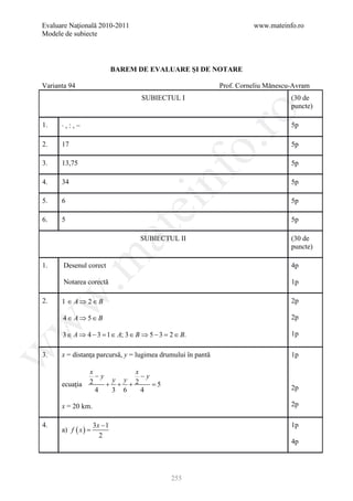 Evaluare Naţională 2010-2011                                           www.mateinfo.ro
Modele de subiecte




                              BAREM DE EVALUARE ŞI DE NOTARE

Varianta 94                                                  Prof. Corneliu Mănescu-Avram
                                     SUBIECTUL I                                   (30 de
                                                                                   puncte)




                                                        ro
1.    ⋅,:,−                                                                        5p




                                                     o.
2.    17                                                                           5p

3.    13,75                                                                        5p

4.

5.
      34

      6
                                        nf                                         5p

                                                                                   5p
                                  ei
6.    5                                                                            5p
                        at
                                    SUBIECTUL II                                   (30 de
                                                                                   puncte)
 .m

1.     Desenul corect                                                              4p

       Notarea corectă                                                             1p
w


2.    1 ∈ A ⇒ 2∈ B                                                                 2p

      4∈ A ⇒ 5∈ B                                                                  2p
w




      3 ∈ A ⇒ 4 − 3 =1 ∈ A; 3 ∈ B ⇒ 5 − 3 = 2 ∈ B.                                 1p
w




3.    x = distanţa parcursă, y = lugimea drumului în pantă                         1p

                 x         x
                   −y        −y
                 2     y y
      ecuaţia         + + +2    =
                                5                                                  2p
                   4   3 6   4

      x = 20 km.                                                                   2p

4.                   3x − 1                                                        1p
      a) f ( x ) =
                       2
                                                                                   4p




                                            255
 