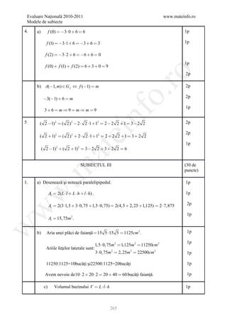Evaluare Naţională 2010-2011                                                              www.mateinfo.ro
    Modele de subiecte

4.      a)         f (0)  3  0  6  6                                                              1p

               f (1)  31  6  3  6  3                                                           1p

               f (2)  3  2  6  6  6  0
                                                                                                       1p
               f (0)  f (1)  f (2)  6  3  0  9




                                                                        ro
                                                                                                        2p

        b) A(1, m)  G f  f (1)  m                                                                  2p




                                                                     o.
              3(1)  6  m                                                                            2p

                                                                                                        1p
              3 6  m  9  m  m  9

5

                                                         nf
          ( 2 1) 2  ( 2) 2  2  2 1  12  2  2 2  1  3  2 2                                    2p
                                            ei                                                          2p
          ( 2  1) 2  ( 2) 2  2  2 1  12  2  2 2  1  3  2 2
                                                                                                        1p
             ( 2 1)  ( 2  1)  3  2 2  3  2 2  6
                        2              2
                               at
                                           SUBIECTUL III                                               (30 de
 .m

                                                                                                       puncte)

1.      a) Desenează şi notează paralelipipedul.                                                        1p
w


                   At  2( L  l  L  h  l  h) .                                                     1p

                   At  2(3 1,5  3  0, 75  1,5  0, 75)  2(4,5  2, 25  1,125)  2  7,875         2p
w




                                                                                                         1p
                   At  15, 75m 2 .
w




        b)     Aria unei plăci de faianţă  15 5 15 5  1125cm 2 .                                      1p

                                                                                                         1p
                                                      1,5  0, 75m 2  1,125m 2  11250cm 2
               Ariile feţelor laterale sunt:
                                                      3  0, 75m 2  2, 25m 2  22500cm 2                1p

               11250:1125=10bucăţi şi22500:1125=20bucăţi                                                 1p

              Avem nevoie de 10  2  20  2  20  40  60 bucăţi faianţă.                              1p

              c)       Volumul bazinului V  L  l  h                                                  1p



                                                              265
 