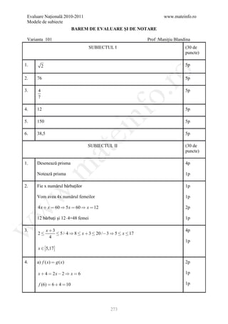 Evaluare Naţională 2010-2011                                            www.mateinfo.ro
 Modele de subiecte
                           BAREM DE EVALUARE ŞI DE NOTARE

 Varianta 101                                                    Prof :Maniţiu Blandina
                                     SUBIECTUL I                                    (30 de
                                                                                    puncte)

1.        2                                                                         5p




                                                          ro
2.   76                                                                             5p

3.    4                                                                             5p




                                                       o.
      7

4.   12                                                                             5p

5.   150

                                            nf                                      5p

6.   38,5
                                  ei                                                5p

                                    SUBIECTUL II                                    (30 de
                          at
                                                                                    puncte)

1.   Desenează prisma                                                               4p
 .m

     Notează prisma                                                                 1p

2.   Fie x numărul bărbaţilor                                                       1p
w



     Vom avea 4x numărul femeilor                                                   1p

      4 x  x  60  5 x  60  x  12                                              2p
w




     12 bărbaţi şi 124=48 femei                                                    1p
w




3.            x 3                                                                  4p
      2            5 / 4  8  x  3  20 / 3  5  x  17
                4
                                                                                    1p
      x  5,17 

4.   a) f ( x)  g ( x)                                                             2p

      x  4  2x  2  x  6                                                        1p

      f (6)  6  4  10                                                            1p




                                                 273
 