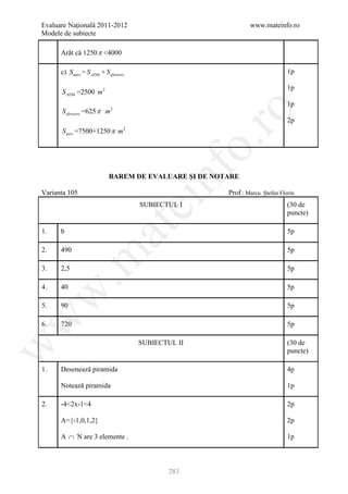 Evaluare Naţională 2011-2012                                    www.mateinfo.ro
Modele de subiecte

      Arăt că 1250 π <4000

      c) S meri = S ADM + S sfertcerc                                          1p

                                                                               1p
      S ADM =2500 m 2
                                                                               1p
      S sfertcerc =625 π m 2




                                                          ro
                                                                               2p
      S peri =7500+1250 π m         2




                                                       o.
                                            nf
                             BAREM DE EVALUARE ŞI DE NOTARE

Varianta 105                                            Prof : Marcu Ştefan Florin
                                        ei
                                        SUBIECTUL I                            (30 de
                                                                               puncte)
                         at
1.    b                                                                        5p

2.    490                                                                      5p
 .m

3.    2,5                                                                      5p

4.    40                                                                       5p
w



5.    90                                                                       5p
w




6.    720                                                                      5p

                                        SUBIECTUL II                           (30 de
w




                                                                               puncte)

1.    Desenează piramida                                                       4p

      Notează piramida                                                         1p

2.    -4<2x-1<4                                                                2p

      A={-1,0,1,2}                                                             2p

      A ∩ N are 3 elemente .                                                   1p



                                                283
 
