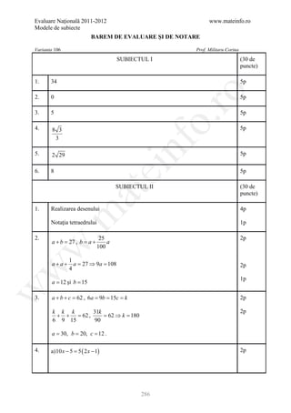 Evaluare Naţională 2011-2012                                www.mateinfo.ro
Modele de subiecte
                          BAREM DE EVALUARE ŞI DE NOTARE

Varianta 106                                          Prof. Militaru Corina
                                    SUBIECTUL I                               (30 de
                                                                              puncte)

1.     34                                                                     5p




                                                      ro
2.     0                                                                      5p

3.     5                                                                      5p




                                                   o.
4.      8 3                                                                   5p
         3

5.     2 29

                                        nf                                    5p

6.     8
                                  ei                                          5p

                                    SUBIECTUL II                              (30 de
                      at
                                                                              puncte)

1.     Realizarea desenului                                                   4p
 .m

       Notaţia tetraedrului                                                   1p

2.                           25                                               2p
       a + b = , b= a +
              27                a
w


                            100

              1
       a + a + a = 27 ⇒ 9a = 108                                              2p
w



              4
                                                                              1p
       a = 12 şi b = 15
w




3.     a + b + c = , 6= 9= 15c k
                  62 a b     =                                                2p

        k k k     31k                                                         2p
         + + =,62     = 62 ⇒ k = 180
        6 9 15    90

       a = 30, b = 20, c = 12 .

4.     a) 10 x −= 5 ( 2 x − 1)
                5                                                             2p




                                            286
 
