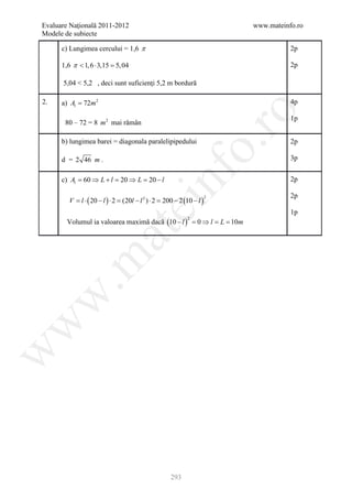 Evaluare Naţională 2011-2012                                              www.mateinfo.ro
Modele de subiecte

      c) Lungimea cercului = 1,6 π                                                   2p

      1,6 π < 1, 6 ⋅ 3,15 =
                          5, 04                                                      2p

      5,04 < 5,2 , deci sunt suficienţi 5,2 m bordură

2.    a) Al = 72m 2                                                                  4p




                                                               ro
                                                                                     1p
       80 – 72 = 8 m 2 mai rămân

      b) lungimea barei = diagonala paralelipipedului                                2p




                                                            o.
      d = 2 46 m .                                                                   3p




                                              nf
      c) Al = 60 ⇒ L + l = 20 ⇒ L = 20 − l                                           2p

                                                                                     2p
        V =l ⋅ ( 20 − l ) ⋅ 2 =(20l − l 2 ) ⋅ 2 = 200 − 2 (10 − l )
                                                                      2
                                  ei
                                                                                     1p
        Volumul ia valoarea maximă dacă (10 − l ) = 0 ⇒ l = L = 10m
                                                           2
                      at
 .m
w
w
w




                                                    293
 