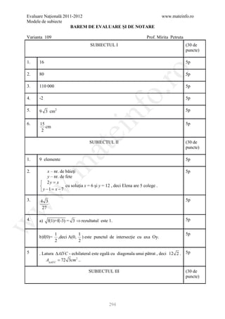 Evaluare Naţională 2011-2012                                                   www.mateinfo.ro
Modele de subiecte
                      BAREM DE EVALUARE ŞI DE NOTARE

Varianta 109                                                         Prof. Mirita Petruta
                                   SUBIECTUL I                                              (30 de
                                                                                            puncte)

1.    16                                                                                    5p




                                                        ro
2.    80                                                                                    5p

3.    110 000                                                                               5p




                                                     o.
4.    -2                                                                                    5p




                                         nf
5.    9 3 cm2                                                                               5p

6.    15                                                                                    5p
         cm
       2
                               ei
                                   SUBIECTUL II                                             (30 de
                     at
                                                                                            puncte)

1.    9 elemente                                                                            5p
 .m

2.         x – nr. de băieţi                                                                5p
           y – nr. de fete
       2y = x
                     cu soluţia x = 6 şi y = 12 , deci Elena are 5 colege .
       y −1 = x − 7
w



3.    4 3                                                                                   5p
w



       27

4.    a)   f(1)+f(-3) = 3 ⇒ rezultatul este 1.                                              5p
w




                1           1                                                               5p
      b)f(0)=     ,deci A(0, ) este punctul de intersecţie cu axa Oy.
                2           2

5     . Latura ∆AD 'C - echilateral este egală cu diagonala unui pătrat , deci 12 2 .       5p
          A∆AD'C = 72 3cm 2 ..

                                  SUBIECTUL III                                             (30 de
                                                                                            puncte)




                                               294
 