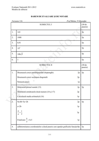Evaluare Naţională 2011-2012                                            www.mateinfo.ro
Modele de subiecte


                        BAREM DE EVALUARE ŞI DE NOTARE

Varianta 116                                                       Prof Molea F Gheorghe
                                 SUBIECTUL I                                          (30 de
                                                                                      puncte)




                                                      ro
1.    143                                                                             5p

2.    1800                                                                            5p




                                                   o.
3.    0,91                                                                            5p

4.    530                                                                             5p

5.    100 3

                                         nf                                           5p
                               ei
6.    1                                                                               5p
                     at
                                 SUBIECTUL II                                         (30 de
                                                                                      puncte)

      Desenează corect paralelipipedul dreptunghic                              2p 5p
 .m

1.

      Desenează corect secţiunea diagonală                                      2p

      Notează corect                                                            1p
w



2.    Determină primul număr (15)                                               2p    5p
w



      Determină următoarele două numere (16 şi 17)                              2p

      Calculează media aritmetică (16)                                         1p
w




3.    9a-6b=5a+2b                                                               2p    5p

      a=2b                                                                      1p

      b 1
       =                                                                       1p
      a 2

                   b
      Finalizare     = 0,5                                                      1p
                   a

4.    a)Determinarea coordonatelor a două puncte care aparţin graficului funcţiei4p   5p


                                             308
 