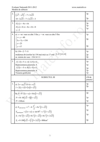 Evaluare Naţională 2011-2012                                                        www.mateinfo.ro
Modele de subiecte

2.
     (              )                                                                                 3p
                        2
         7− 3               − 7 + 2 21
     10 − 2 21 − 7 + 2 21 =3                                                                          2p

3.   E ( x ) =8 x + 16
              −                                                                                       3p
                                                                                                      1p
     E ( x ) = 0 ⇔ −8 x + 16 = 0
                                                                                                      1p
     x=2




                                                                                   ro
4.   a) x = nr. vaze cu câte 3 fire; y = nr. vaze cu câte 5 fire                                      1p
     x + y =  40
                                                                                                     2p
     3 x + 5 y =154




                                                                                o.
      x = 23
     
      y = 17
                                                                                                      2p




                                                               nf
     b) 154 = 2 ⋅ 7 ⋅11                                                                               1p
     mulţimea divizorilor lui 154 mai mici ca 17 este {1, 2, 7,11,14}                                 2p
     nr. minim de vaze : 154:14=11                                                                    2p
                                                   ei
5     f ( −2 ) =5 ⇒ A ( −2;5 ) ∈ G f ,                                                                1p
     Reprezentarea punctului A                                                                        1p
                                   at
      f ( 3) = 5 ⇒ B ( 3; −5 ) ∈ G f
               −                                                                                      1p
     Reprezentarea punctului A                                                                        1p
                                                                                                      1p
 .m

     Trasarea graficului

                                                           SUBIECTUL III                              (30 de
                                                                                                      puncte)

     a) 2 = a 2 ⇔ a x 2
                  =
w


1.        x                                                                                           3p
     l = 2 ( x + a ) = 2x 1+ 2     (           )                                                      2p
w




     b) P = ⋅ 2 ( x + a ) = x 1 + 2
           8               16                  (           )                                          2p

     P = ⋅10
        16          (              )(
                             2 −1 1+ 2             )                                                  1p
w




     P = 160cm                                                                                        1p


                                                       (           )
                                   a2                                                                 1p
     c) S ABCDEFGH = l − 4 ⋅ = 8 x 2 1 + 2
                               2

                                    2
                                                               (            )
                                                                                                      1p
     S paralelogram= ( 2 x + a ) ⋅ a ⋅ sin 450= x 2 2 + 2

                (              )           (
     St = 8 x 2 1 + 2 + 8 x 2 2 + 2 = 8 x 2 3 + 2 2    )           (            )                     1p


                        (              ) (3 + 2 2 ) =
                                       2
     St =
        8 ⋅100               2 −1                   800cm              2                              2p




                                                                           31
 