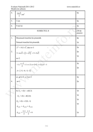 Evaluare Naţională 2011-2012                          www.mateinfo.ro
Modele de subiecte

4.     16 3                                                      5p
            cm2
         3

5.    3 cm                                                       5p

6.    9 mii lei                                                  5p




                                                       ro
                                     SUBIECTUL II                (30 de
                                                                 puncte)

      Desenează trunchiul de piramidă.




                                                    o.
1.                                                               4p

      Notează trunchiul de piramidă.                             1p




                                          nf
      23n = 512 =29, deci n=3                                    2p


                    (      )
2.                             2                                 2p
      3+ m 2 = 2
             1+                    =2 2
                                   3+
                                    ei
                                                                 1p
      m=2
                        at
             x+3                                                 3p
      −1 ≤       < 1 ⇒ -2 ≤ x+3<2 ⇒ -5 ≤ x< -1
              2
3.                                                               2p
 .m

      A ={−5, −4, −3, −2}


      a) g(1)=2 ⇒ 3-m=2                                          3p
w



4.    m=1                                                        2p
w




      b) G f ∩ Oy =
                  A(0,3)                                         1p
w




                                                                 1p
       G f ∩ Ox = 0)
                B(3,
                                                                 1p
      Gg ∩ Oy = C (0, −1)
                                                                 1p
      A∆ABC A∆AOB + A∆COB
       =

                  3 ⋅ 3 1⋅ 3
      A∆ABC =          +     =6                                  1p
                   2     2




                                             332
 