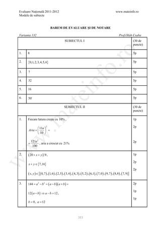 Evaluare Naţională 2011-2012                                                                                 www.mateinfo.ro
Modele de subiecte


                                BAREM DE EVALUARE ŞI DE NOTARE

Varianta 132                                                                                                     Prof.Oláh Csaba
                                                 SUBIECTUL I                                                                     (30 de
                                                                                                                                 puncte)




                                                                             ro
1.    8                                                                                                                          5p

2.    {0,1, 2,3, 4,5, 6}                                                                                                         5p




                                                                          o.
3.    7                                                                                                                          5p




                                                         nf
4.    32                                                                                                                         5p

5.    16                                                                                                                         5p
                                          ei
6.    50                                                                                                                        5p
                           at
                                                SUBIECTUL II                                                                     (30 de
                                                                                                                                 puncte)
 .m

1.    Fiecare latura creşte cu 10% ,                                                                                             1p

                          2                                                                                                      2p
           11a 
     = =
     Aria       
           10 
w



          121a 2                                                                                                                 2p
      =          , aria a crescut cu 21%
           100
w




2.    ( 20 + x + y ) 9 ,                                                                                                        1p
w




                                                                                                                                 2p
      x + y ∈ {7,16}
                                                                                                                                 2p
      ( x, y ) ∈ {( 0, 7 ) , (1, 6 ) , ( 2,5) , ( 3, 4 ) , ( 4,3) , ( 5, 2 ) , ( 6,1) , ( 7, 0 ) , ( 9, 7 ) , (8,8) , ( 7,9 )}

3.    144 = a 2 − b 2 = ( a − b )( a + b ) =                                                                                     2p

                                                                                                                                 1p
      12 ( a − b ) ⇒ a − b = ,
                           12
                                                                                                                                 1p
      b = 0 , a = 12



                                                                 353
 