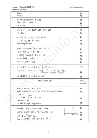Evaluare Naţională 2011-2012                                                               www.mateinfo.ro
Modele de subiecte

1.    Desen                                                                                           4p
      notaţii                                                                                         1p

2.    x = nr. kg fursecuri de18 lei/kg                                                                1p
      18 x + 250 =( x + 10 ) ⋅ 20                                                                     2p
      ⇔x=25                                                                                           2p

3.    N = 8 − 2 15 + 8 + 2 15 − 15 + 3 + 5 + 15                                                       3p




                                                                           ro
      N 24 ∈ 
      =                                                                                               2p

4.    a) A ( 0; 2 ) ∈ G f ⇔ f ( 0 ) = 2 ⇔ a = 2                                                       1p




                                                                        o.
       f ( −2 ) 6, f = 0, f = 3
           =         (1)    ( 4)                                                                      1p
      Trasarea graficului                                                                             3p




                                                       nf
      b) x ∈ [ −2;1] avem f ( x ) = 2 ⇔ −2 x + 2 = 2                                                  1p
      ⇔ x = 0 ∈ [ −2;1] ⇒ S1 = {0}                                                                    1p
      x ∈ (1; 4] avem f ( x ) = 2 ⇔ x − 1 = 2                                                         1p
                                          ei
      ⇔ x =3 ∈ (1; 4] ⇒ S 2 ={3}                                                                      1p
      ⇒ = S1  =
        S3     S2                 {0;3}                                                               1p
                              at
5     E ( x)=   (x   4
                                      ) (                   )
                         + 2 x3 + x 2 + 4 x 2 − 4 x + 1 + ( m − 5 ) x 2                               2p

      m ≥ 5 ⇔ m − 5 ≥ 0 ⇒ E ( x )  ( x + 1) + ( 2 x − 1) + ( m − 5 ) 
                                                                2            2
                              = x2                                    x2
 .m

                                       
                                              ≥0
                                                                                    ≥0
                                                                                                      2p
                                                       ≥0               ≥0       ≥0

      ⇒ E ( x ) ≥ 0, ( ∀ ) x ∈  şi ( ∀ ) m ≥ 5                                                       1p

                                            SUBIECTUL III                                             (30 de
w



                                                                                                      puncte)

1.    a) CD  AB, AB ⊂ α ⇒ CD  α                                                                     1p
w




      CD  α , ( CDD`)  α =⇒ CD  C `D`⇒ ABC `D` trapez
                           C `D`                                                                      1p
      DD`⊥ α       R T 3⊥
                   1
w




      DA ⊥ AB  ⇒ D`A ⊥ AB                                                                            2p
      AB, D`A ⊂ α 
                  
      ⇒ ABC `D` trapez dreptunghic                                                                    1p

      b) m (  ( ABC ) , α ) 300 m ( DAD`)
                         = =                                                                          1p

      ΔDAD` dr.,DD`=CC` ⇒ AD=8cm, AD`=4 3                                                             1p
                         T . P.                                                                       1p
      ΔC`MB dr. ⇒ BC`=8cm
      PABC`D` =AB+BC`+C`D`+AD`=4 7 + 3 cm          (                )                                 2p




                                                                36
 