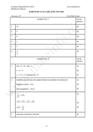Evaluare Naţională 2011-2012                                            www.mateinfo.ro
Modele de subiecte
                       BAREM DE EVALUARE ŞI DE NOTARE

Varianta 135                                                            Prof.Oláh Csaba
                                   SUBIECTUL I                                     (30 de
                                                                                   puncte)

1.    16                                                                           5p




                                                     ro
2.    5                                                                            5p

3.    0                                                                            5p




                                                  o.
4.    1                                                                            5p




                                        nf
5.    3                                                                            5p

6.    2                                                                            5p
      3
                               ei
                                   SUBIECTUL II                                    (30 de
                     at
                                                                                   puncte)

1.    10a + b − 18 10b + a
                  =                                                                1p
 .m

      a −b =2                                                                      2p

      a = 7 , b = 5 , numărul este 75                                              2p
w



2.    mediana care porneşte din unghiul drept este jumătate din ipotenuză          1p

      lungimea catetei - 8cm                                                       2p
w




      aria triunghiului - 24cm 2                                                   2p
w




3.        6                                                                        1p
             =2 3,
           3

      2 3 = 12 , 3 2 = 18                                                          2p
               6
      3 2>                                                                         2p
                3

4.    a)trasarea sistemului cartezian                                              2p




                                           362
 