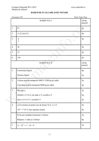 Evaluare Naţională 2011-2012                                www.mateinfo.ro
Modele de subiecte
                           BAREM DE EVALUARE ŞI DE NOTARE

Varianta 139                                                   Prof. Valer Pop
                                       SUBIECTUL I                     (30 de
                                                                       puncte)

1.    67                                                               5p




                                                        ro
2.    {1,2,3,4,6,12}                                                   5p

3.    4                                                                5p




                                                     o.
      7

4.    36                                                               5p

5.    12


                                          nf                           5p

6.    144
                                   ei                                  5p

                                   SUBIECTUL II                        (30 de
                       at
                                                                       puncte)

1.    Construcţia figurii                                              4p
 .m

      Notarea figurii                                                  1p

2.    A doua maşină transportă 3600:3=1200 kg de zahăr                 3p
w



      Cele două maşini transportă 4800 kg de zahăr                     2p

3.    f(x)=g(x) ,                                                      1p
w




      rezultă x+2=2x-3, de unde x=5, rezultă a=5                       2p
w




      f(a)=a+2=5+2=7, rezultă b=7                                      2p

4.    a) Un termen al şirului este de forma 7k+2, k ∈                 3p

      107 = 7∙15+2, deci aparţine şirului                              2p

      b) Se pot cumpăra maximum 3 stilouri                             1p

      Răspuns: 3 cărţi şi 2 stilouri                                   4p

5     ( x − 2) 2 = x 2 − 4 x + 4                                       1p



                                              374
 