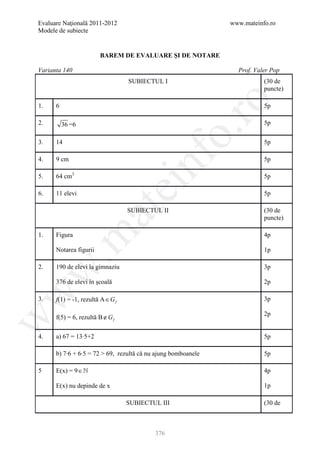 Evaluare Naţională 2011-2012                                   www.mateinfo.ro
Modele de subiecte


                        BAREM DE EVALUARE ŞI DE NOTARE

Varianta 140                                                     Prof. Valer Pop
                                   SUBIECTUL I                            (30 de
                                                                          puncte)




                                                      ro
1.    6                                                                   5p

2.        36 =6                                                           5p




                                                   o.
3.    14                                                                  5p




                                       nf
4.    9 cm                                                                5p

5.    64 cm3                                                              5p
                                   ei
6.    11 elevi                                                            5p
                     at
                                   SUBIECTUL II                           (30 de
                                                                          puncte)
 .m

1.    Figura                                                              4p

      Notarea figurii                                                     1p

2.    190 de elevi la gimnaziu                                            3p
w



      376 de elevi în şcoală                                              2p
w




3.    f(1) = -1, rezultă A ∈ G f                                          3p

                                                                          2p
      f(5) = 6, rezultă B ∉ G f
w




4.    a) 67 = 13∙5+2                                                      5p

      b) 7∙6 + 6∙5 = 72 > 69, rezultă că nu ajung bomboanele              5p

5     E(x) = 9 ∈                                                         4p

      E(x) nu depinde de x                                                1p

                                   SUBIECTUL III                          (30 de



                                           376
 