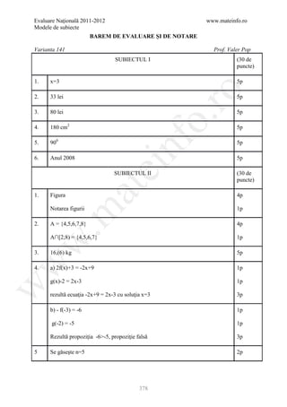 Evaluare Naţională 2011-2012                             www.mateinfo.ro
Modele de subiecte
                        BAREM DE EVALUARE ŞI DE NOTARE

Varianta 141                                               Prof. Valer Pop
                                  SUBIECTUL I                       (30 de
                                                                    puncte)

1.    x=3                                                           5p




                                                       ro
2.    33 lei                                                        5p

3.    80 lei                                                        5p




                                                    o.
4.    180 cm2                                                       5p




                                       nf
5.    900                                                           5p

6.    Anul 2008                                                     5p
                               ei
                                 SUBIECTUL II                       (30 de
                                                                    puncte)
                        at
1.    Figura                                                        4p

      Notarea figurii                                               1p
 .m


2.    A = {4,5,6,7,8}                                               4p

      A∩[2;8) = {4,5,6,7}                                           1p
w



3.    16,(6) kg                                                     5p
w




4.    a) 2f(x)+3 = -2x+9                                            1p

      g(x)-2 = 2x-3                                                 1p
w




      rezultă ecuaţia -2x+9 = 2x-3 cu soluţia x=3                   3p

      b) - f(-3) = -6                                               1p

      g(-2) = -5                                                    1p

      Rezultă propoziţia -6>-5, propoziţie falsă                    3p

5     Se găseşte n=5                                                2p




                                            378
 