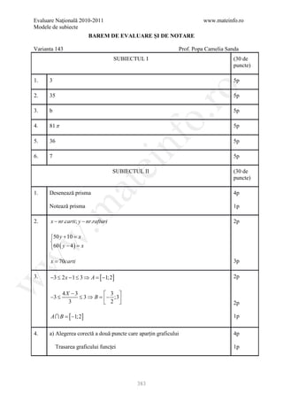 Evaluare Naţională 2010-2011                                           www.mateinfo.ro
Modele de subiecte
                          BAREM DE EVALUARE ŞI DE NOTARE

Varianta 143                                                  Prof. Popa Camelia Sanda
                                     SUBIECTUL I                                   (30 de
                                                                                   puncte)

1.    3                                                                            5p




                                                       ro
2.    35                                                                           5p

3.    b                                                                            5p




                                                    o.
4.    81 π                                                                         5p




                                         nf
5.    36                                                                           5p

6.    7                                                                            5p
                                ei
                                     SUBIECTUL II                                  (30 de
                                                                                   puncte)
                      at
1.    Desenează prisma                                                             4p

      Notează prisma                                                               1p
 .m


2.    x − nr.carti; y − nr.rafturi                                                 2p

      50 y + 10 =
                   x
w



      
      60 ( y − 4 ) =
                     x
w



      x = 70carti                                                                  3p

3.    −3 ≤ 2 x − 1 ≤ 3 ⇒ A = [ −1;2]                                               2p
w




             4X − 3            3 
      −3 ≤          ≤ 3 ⇒ B =  − ;3
               3               2                                                 2p

       A B =   [ −1;2]                                                            1p


4.    a) Alegerea corectă a două puncte care aparțin graficului                    4p

          Trasarea graficului funcței                                              1p




                                             383
 