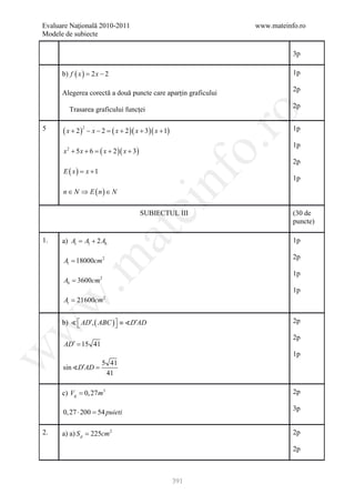 Evaluare Naţională 2010-2011                                     www.mateinfo.ro
Modele de subiecte

                                                                            3p

      b) f ( x ) 2 x − 2
             =                                                              1p

                                                                            2p
      Alegerea corectă a două puncte care aparțin graficului
                                                                            2p
        Trasarea graficului funcței




                                                                  ro
5     ( x + 2)       −x−2=   ( x + 2 )( x + 3)( x + 1)                      1p
                 2




                                                               o.
                                                                            1p
      x2 + 5x + 6 =     ( x + 2 )( x + 3)
                                                                            2p
      E ( x )= x + 1




                                                nf
                                                                            1p
      n ∈ N ⇒ E (n) ∈ N
                                     ei
                                            SUBIECTUL III                   (30 de
                                                                            puncte)
                         at
1.    a) At Al + 2 Ab
          =                                                                 1p

                                                                            2p
      Al = 18000cm 2
 .m

                                                                            1p
      Ab = 3600cm 2
                                                                            1p
w


      At = 21600cm       2




      b)   AD′, ( ABC )  ≡ D′AD
                         
                                                                            2p
w




                                                                            2p
      AD′ = 15 41
w




                                                                            1p
                  5 41
      sin D′AD =
                   41

      c) Vg = 0, 27 m3                                                      2p

                                                                            3p
      0, 27 ⋅ 200 =
                  54 puieti

2.    a) a) S p = 225cm 2                                                   2p

                                                                            2p



                                                         391
 