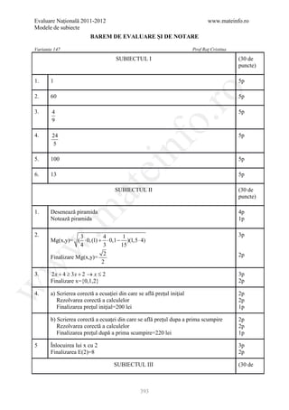Evaluare Naţională 2011-2012                                                   www.mateinfo.ro
Modele de subiecte
                         BAREM DE EVALUARE ŞI DE NOTARE

Varianta 147                                                            Prof Raţ Cristina
                                     SUBIECTUL I                                            (30 de
                                                                                            puncte)

1.     1                                                                                    5p




                                                          ro
2.     60                                                                                   5p

3.      4                                                                                   5p




                                                       o.
        9

4.      24                                                                                  5p




                                           nf
        5

5.     100                                                                                  5p
                                  ei
6.     13                                                                                   5p
                      at
                                    SUBIECTUL II                                            (30 de
                                                                                            puncte)

       Desenează piramida
 .m

1.                                                                                          4p
       Notează piramida                                                                     1p

2.                 3         4       1                                                      3p
       Mg(x,y)= ( ⋅ 0, (1) + ⋅ 0,1 − )(1,5 ⋅ 4)
w


                   4         3      15
                             2                                                              2p
       Finalizare Mg(x,y)=
                            2
w




3.     2 x + 4 ≥ 3x + 2 → x ≤ 2                                                             3p
       Finalizare x={0,1,2}                                                                 2p
w




4.     a) Scrierea corectă a ecuaţiei din care se află preţul iniţial                       2p
          Rezolvarea corectă a calculelor                                                   2p
          Finalizarea preţul iniţial=200 lei                                                1p

       b) Scrierea corectă a ecuaţei din care se află preţul dupa a prima scumpire          2p
          Rezolvarea corectă a calculelor                                                   2p
          Finalizarea preţul după a prima scumpire=220 lei                                  1p

5      Înlocuirea lui x cu 2                                                                3p
       Finalizarea E(2)=8                                                                   2p

                                    SUBIECTUL III                                           (30 de



                                                393
 
